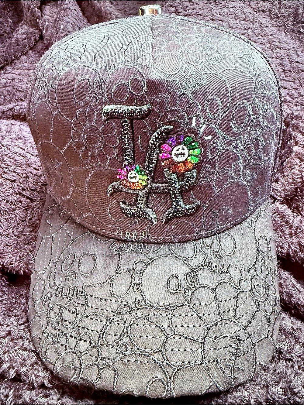 La Murakami DON Black LA Embroidered Floral Cap in Purple & Gray NWT